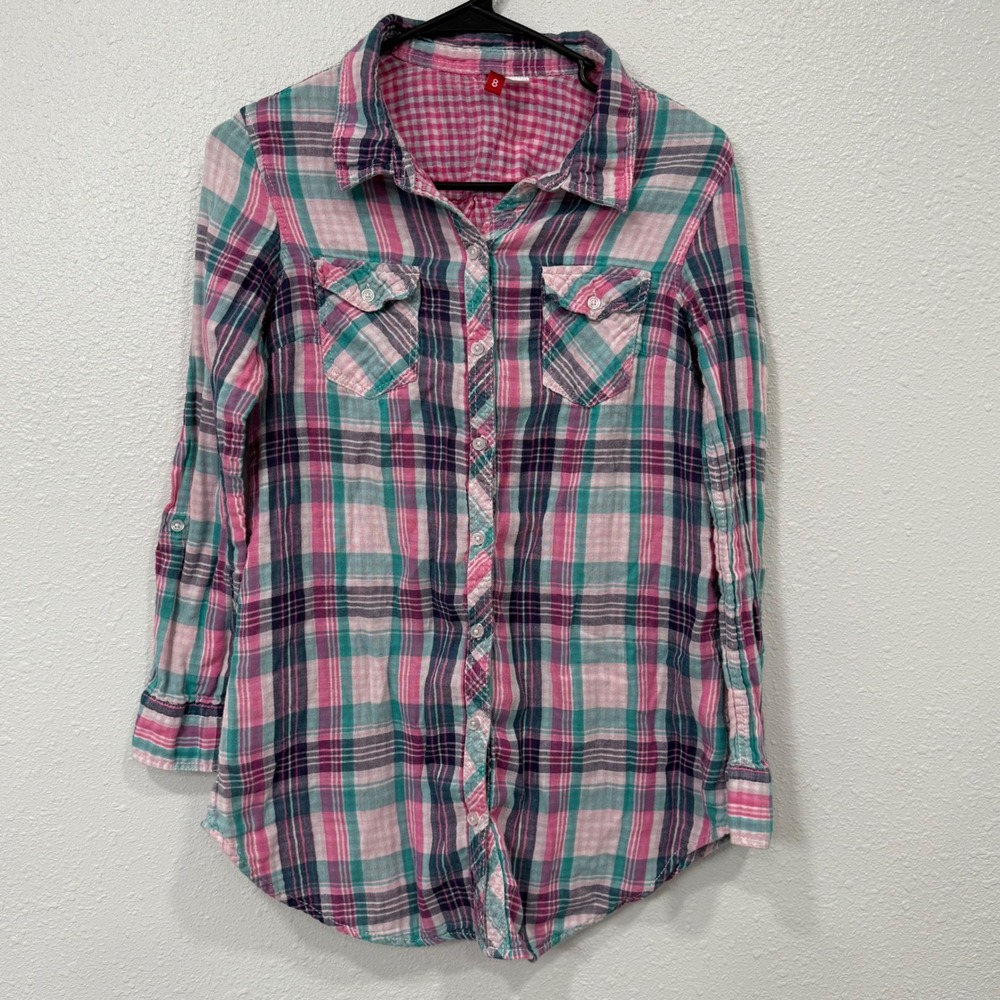 H M Plaid Button Up Shirt Pink Teal Purple Long Sleeve Women Size 8‎